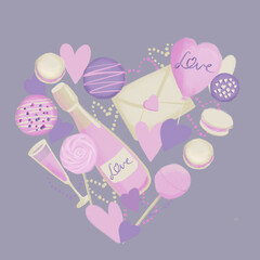Valentine symbols illustration in heart shape in pink purple color