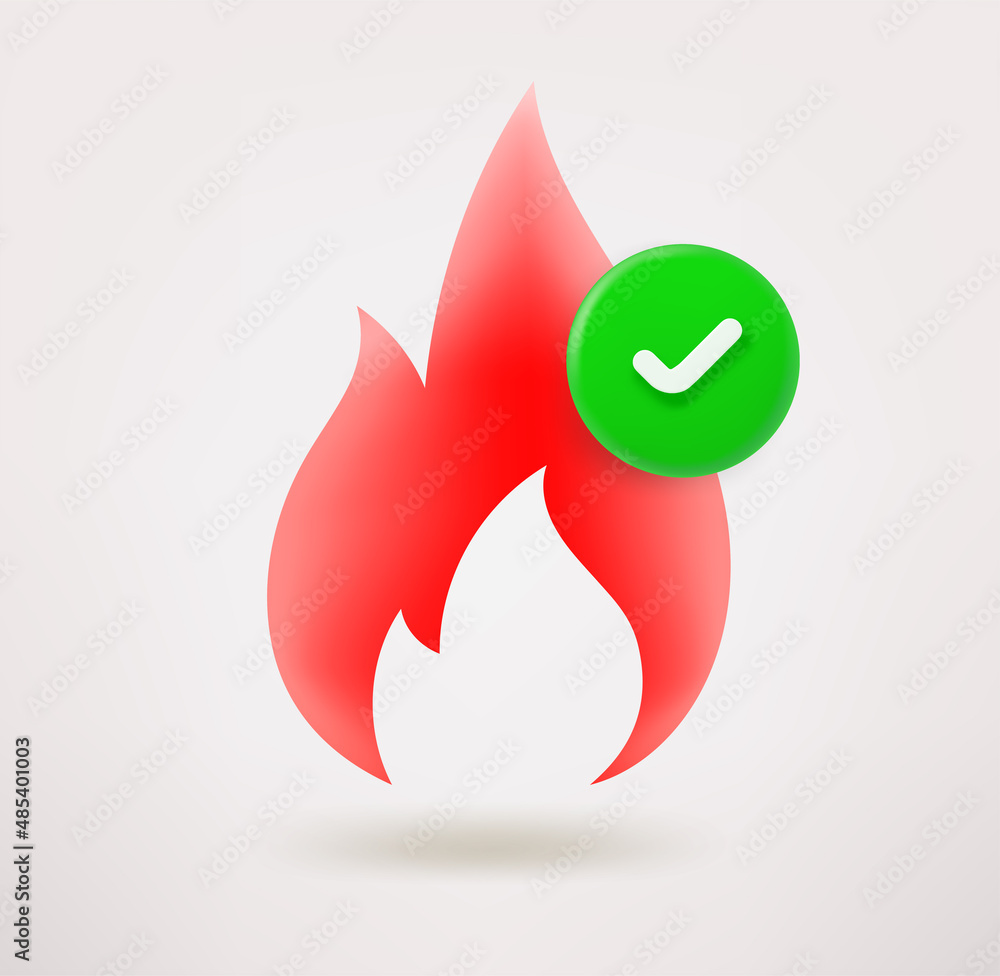 Poster Red flame icon with checkmark. 3d vector icon
