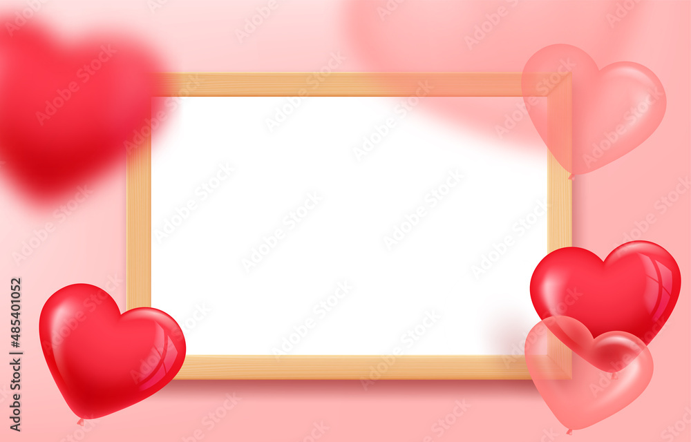 Poster empty wood frame on the table with air balloons. 3d landscape orintation vector mockup for design