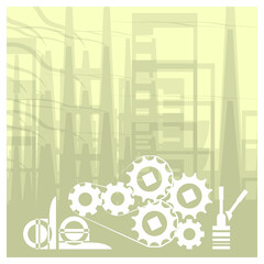 Mechanical equipment on the background of industrial buildings. Stylized image. Vector illustration