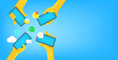 Group of people communicating with smartphones. Comic 3d style vector banner with copy space