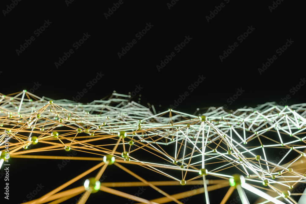 Poster golden connected lines and dots. digital background. 3d render