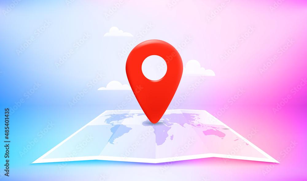 Poster Map navigation pointer on the map in perspective. Travel destination concept. Vector 3d illustration