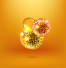 Glowing disco balls on gold background. Vector 3d bsnner with copy space