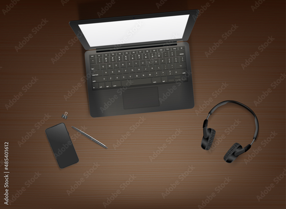 Poster wood table with modern laptop. working place concept. vector 3d illustration with depth of field eff