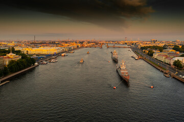 Aerial landscape with warships in the Neva River before the holiday of the Russian Navy at early...