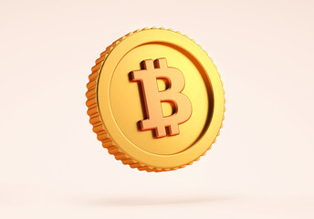 Isolated bitcoin BTC simple golden coin on neutral background in realistic 3D rendering. Cryptocurrency, 2p2 exchange and blockchain technology concept