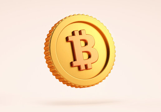 Isolated bitcoin BTC simple golden coin on neutral background in realistic 3D rendering. Cryptocurrency, 2p2 exchange and blockchain technology concept