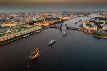Aerial landscape with warships in the Neva River before the holiday of the Russian Navy at early...