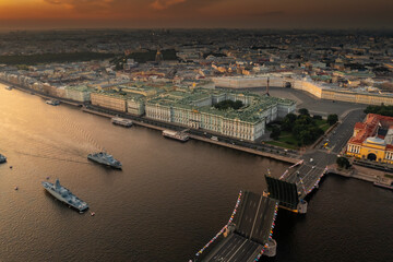 Aerial landscape with warships in the Neva River before the holiday of the Russian Navy at early...