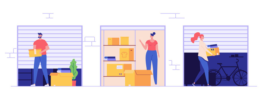 Neighbors Keeping Personal Items In Rental Self-storage Units. Man And Women Holding Boxes. Concept Of Self Storage Unit, Small Mini Warehouse, Rental Garage. Vector Illustration In Flat Design