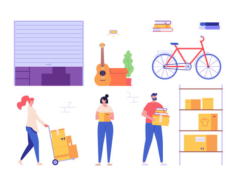 People keeping personal items and boxes in self-storage units. Characters and elements set. Collection of self storage unit, small mini warehouse, rental garage. Vector illustration in flat design