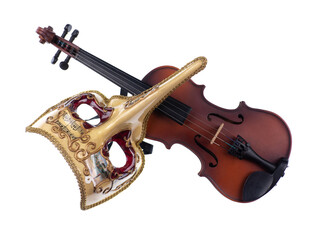 theatrical mask and violin isolated on white background