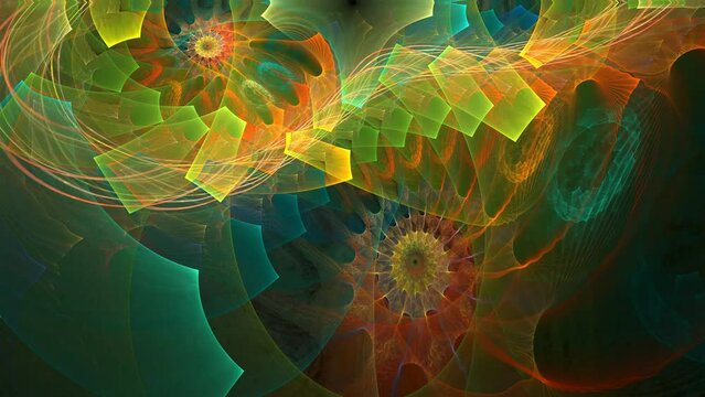 Digital moving multicolored figures in dance, intersecting stripes weave into fancy patterns