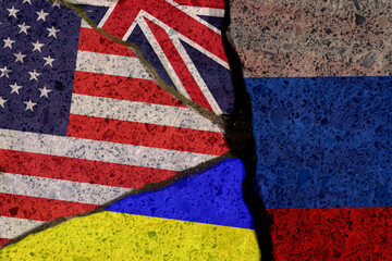 Conceptual image: on the one hand, the flags of Great Britain, the United States and Ukraine, on...