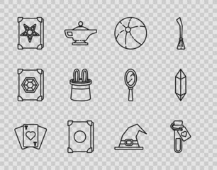 Set line Playing cards, Bottle with love potion, Beach ball, Ancient magic book, Magician hat and rabbit ears, Witch and stone icon. Vector