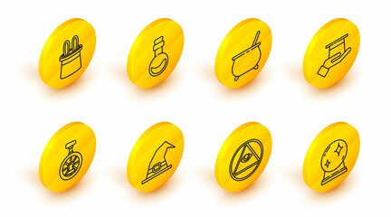 Set line Magic ball, Masons, Witch hat, Unicycle or one wheel bicycle, Magician in hand, cauldron, Bottle with love potion and rabbit ears icon. Vector © Oksana