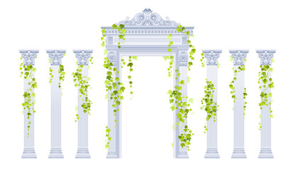 Greek arch pillar vector set with ivy plant. Roman antique architecture frame with stone column, vine. White marble door portal and green ivy plant. Classic arch pillar palace building illustration