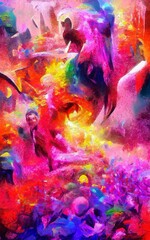 Fototapeta premium Abstract painting impressionism mixed style wall art print. Oil and watercolor digital drawing poster for decoration, big size and high resolution design artwork illustration, bright and vibrant