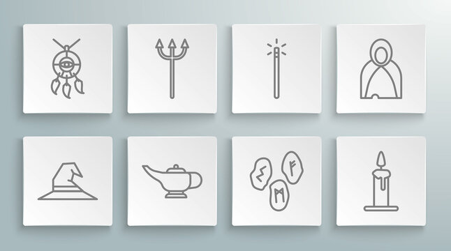 Set line Witch hat, Neptune Trident, Magic lamp or Aladdin, runes, Burning candle candlestick, wand, Mantle, cloak, cape and Dream catcher with feathers icon. Vector