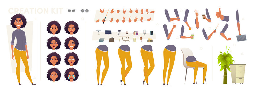 Constructor Of An African American Woman With Different Parts Of The Body: Head, Legs. Emotions, Office Furniture