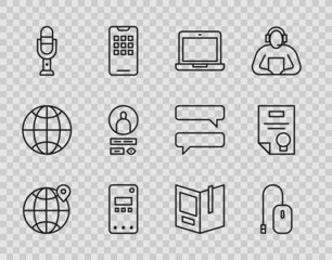 Set line Location on the globe, Computer mouse, Laptop, Mobile phone, Microphone, Create account screen, Open book and Certificate template icon. Vector