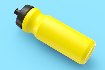 Yellow plastic sport shaker for protein drink isolated on blue background.