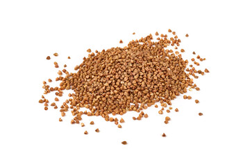 Buckwheat grains in a sack, isolated on white background.