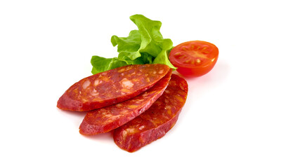 Spanish pork chorizo sausage, close-up, isolated on white background.