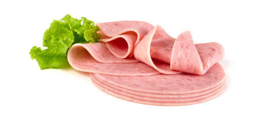 Boiled Ham Slices, close-up, isolated on a white background.