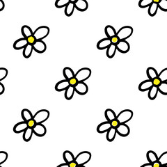 Fototapeta na wymiar Doodle flower seamless pattern. Simple floral background. Black line sketch art icon. Cute cartoon kids design. Outline drawing logo minimal style.