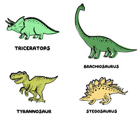 Doodle dino brachiosaurus, triceratops, stegosaurus, tyrannosaur. Cute dinosaur doodle card. Funny Dino collection. Textile design for baby boy on white background. Cartoon monster vector illustration © Sopelkin