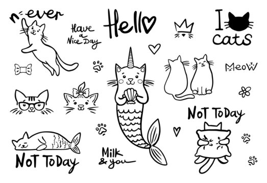 Set of doodle catrtoon cats: mermaid, love couple, motivation, unicorn, bow, crown, meow say, paw, hello, i love cats, flower, heart. Doodle black line sketch icon collection. Cute cartoon kids design