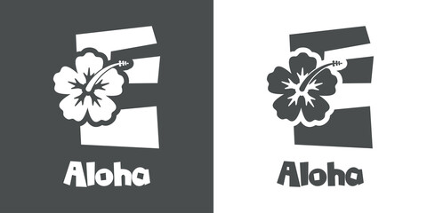 Logotipo texto Aloha con letra E en tipografía tiki con silueta de flor de hibisco en fondo gris y fondo blanco	