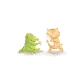 the kitten gives the crocodile a drink