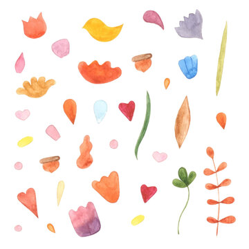 Watercolor botanical elements leaves, petals, hearts, twigs in the children's style hand-drawn, bright natural shades, for creating floral illustrations, invitations and postcards, children's books
