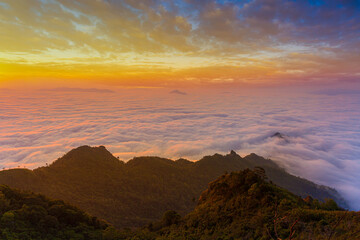 Mountain valley during sunrise. Natural summer landscape 