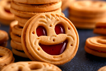 Tasty Biscuit face cookies with jam. Sweet pastries food