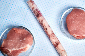 GMO meat in a Petri dish on a graph paper. Artificial meat inside test-tube and Petri dish. Glasses...