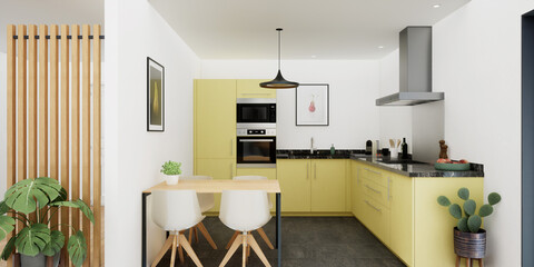 Vue 3d cuisine jaune marbre noir