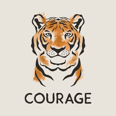 Fototapeta na wymiar Courage Slogan. Vector Hand Drawn Tiger Face. Noble Tiger Head with Paint Splashes for Clothes, Fabrics, T-shirt, Card Print, Logo Design. Symbol of the Year of Tiger