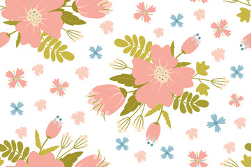 Floral seamless pattern of delicate spring flowers in pastel colors. Suitable for textiles, packaging, interior decoration. Romantic background. Color drawing by hand. Vector illustration