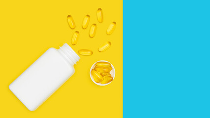 Omega-3 capsules nutritional supplements on yellow and blue background, top view