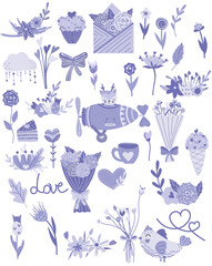 Fototapeta na wymiar Big set for Valentine's day, flowers, cupcake, envelope of flowers, cup, bird, hearts, leaves. Isolated on white background. Violet, lilac trends colors. Vector illustration