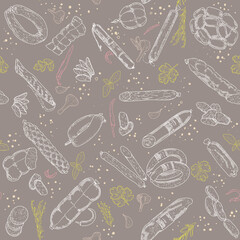 Seamless pattern of meat products and meat delicacies. Sausages, ham, bacon, lard, salami in sketch style.