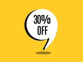 30% off in a white balloon on a yellow background. Discount banner with balloon. Thirty percent discount card. Promotion sticker.