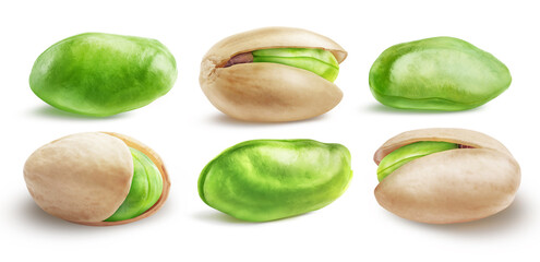 Set of six different pistachios isolated on white background.