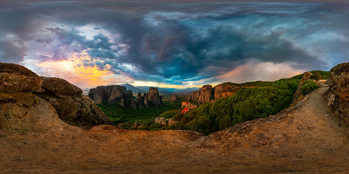 Sunset And Storm Over Meteora Monasteries