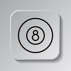 Billiard 8-ball simple icon. Flat desing. Black icon on square button with shadow. Grey background.ai