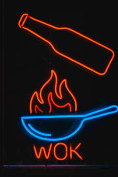neon sign wok restaurant asian cuisine dishes fire
